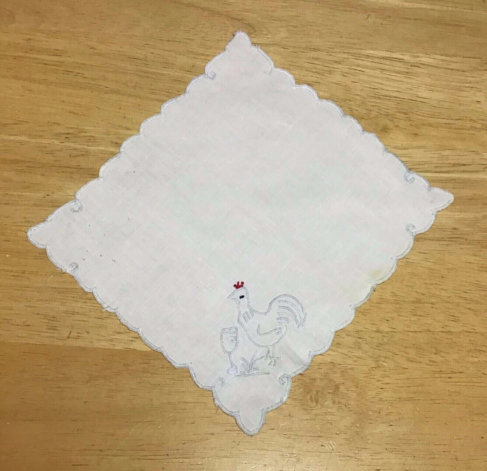 VINTAGE 4 MADEIRA ROOSTER COCKTAIL NAPKINS & ONE COASTER, BLUE EMBROIDERY
