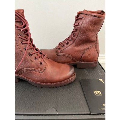 Pre-owned Frye Women's Ankle-high Leather Combat Boot With Lug Sole, Size 7.5 In Red