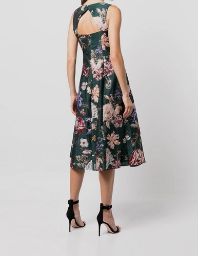 Pre-owned Marchesa Notte $797  Women's Green Floral Jewel-neck Fit & Flare Dress Size 2