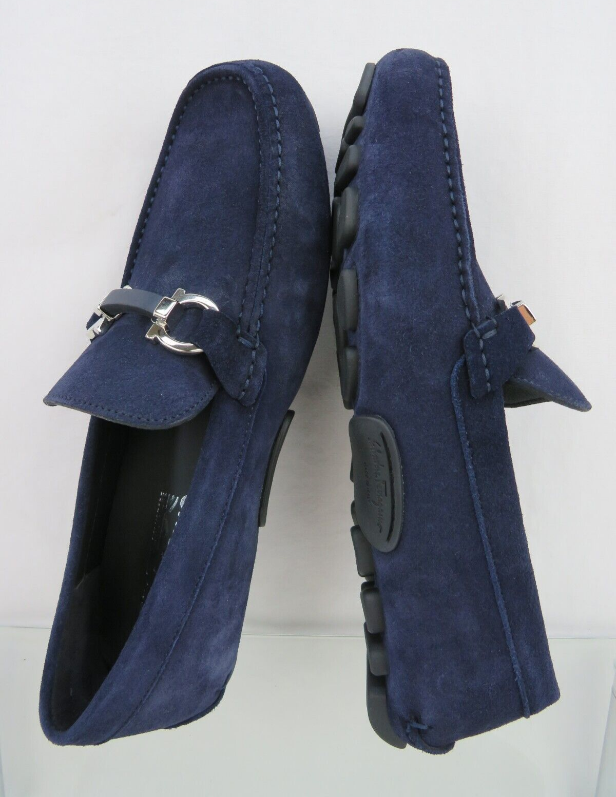 Pre-owned Ferragamo Salamanca Navy Suede Gancini Bit Moccasin Driving Loafers Us 9 Ee In Blue
