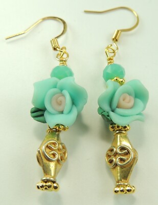 Turquoise Crystal Polymer Clay Rose Earrings  Fancy Gold Color Beads Handmade