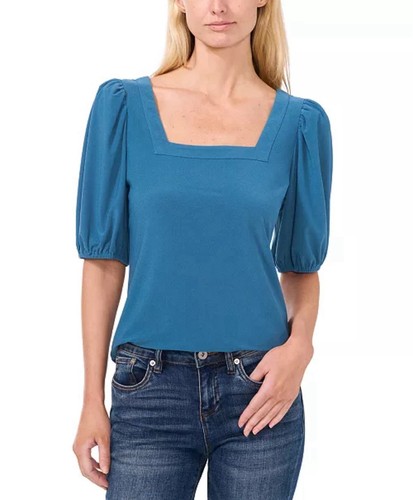 CeCe Women's Square-Neck Puff-Sleeve Blouse In Blue Size L