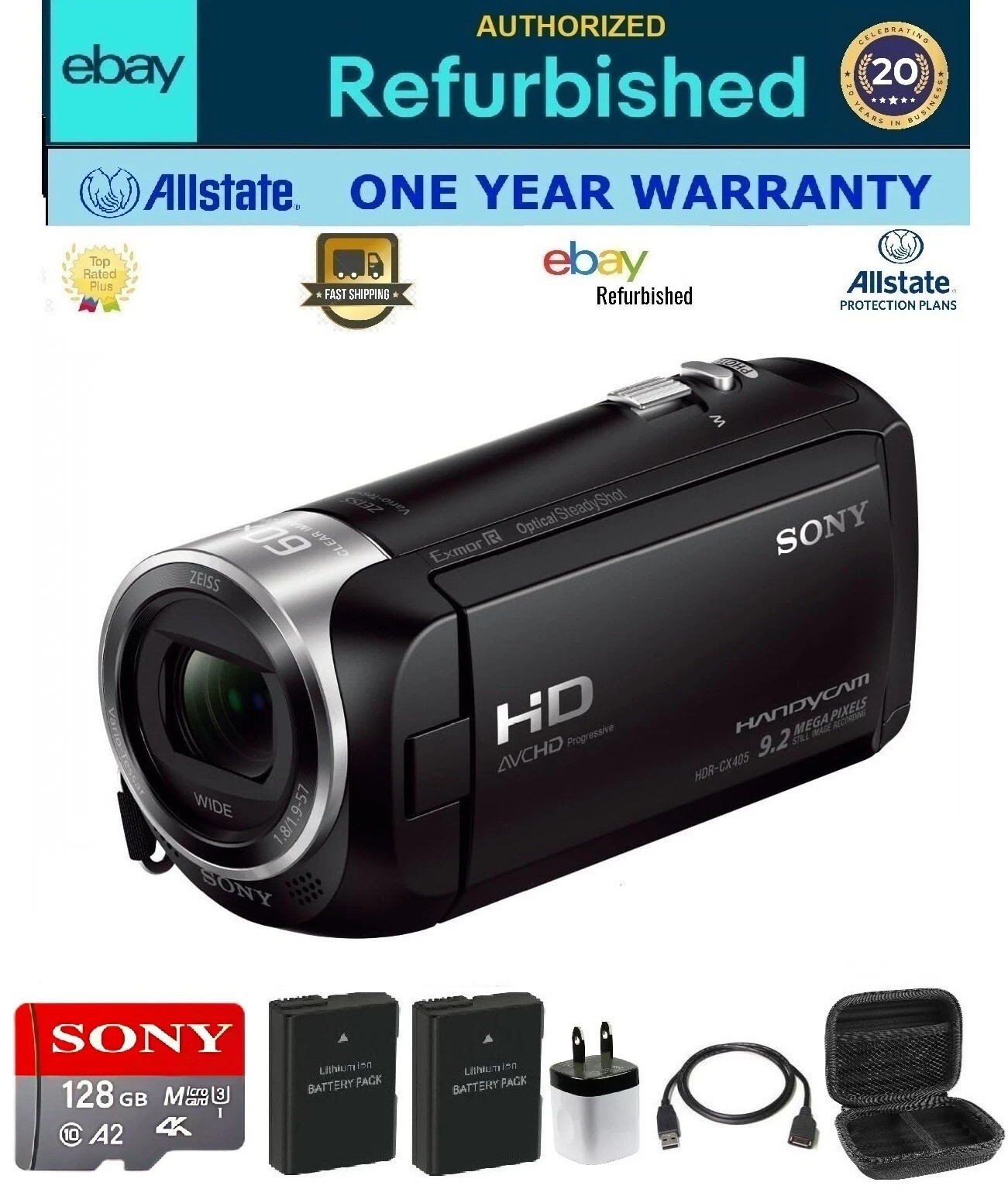 Sony Handycam HDR-CX405 HD Case 128GB Camcorder Bundle