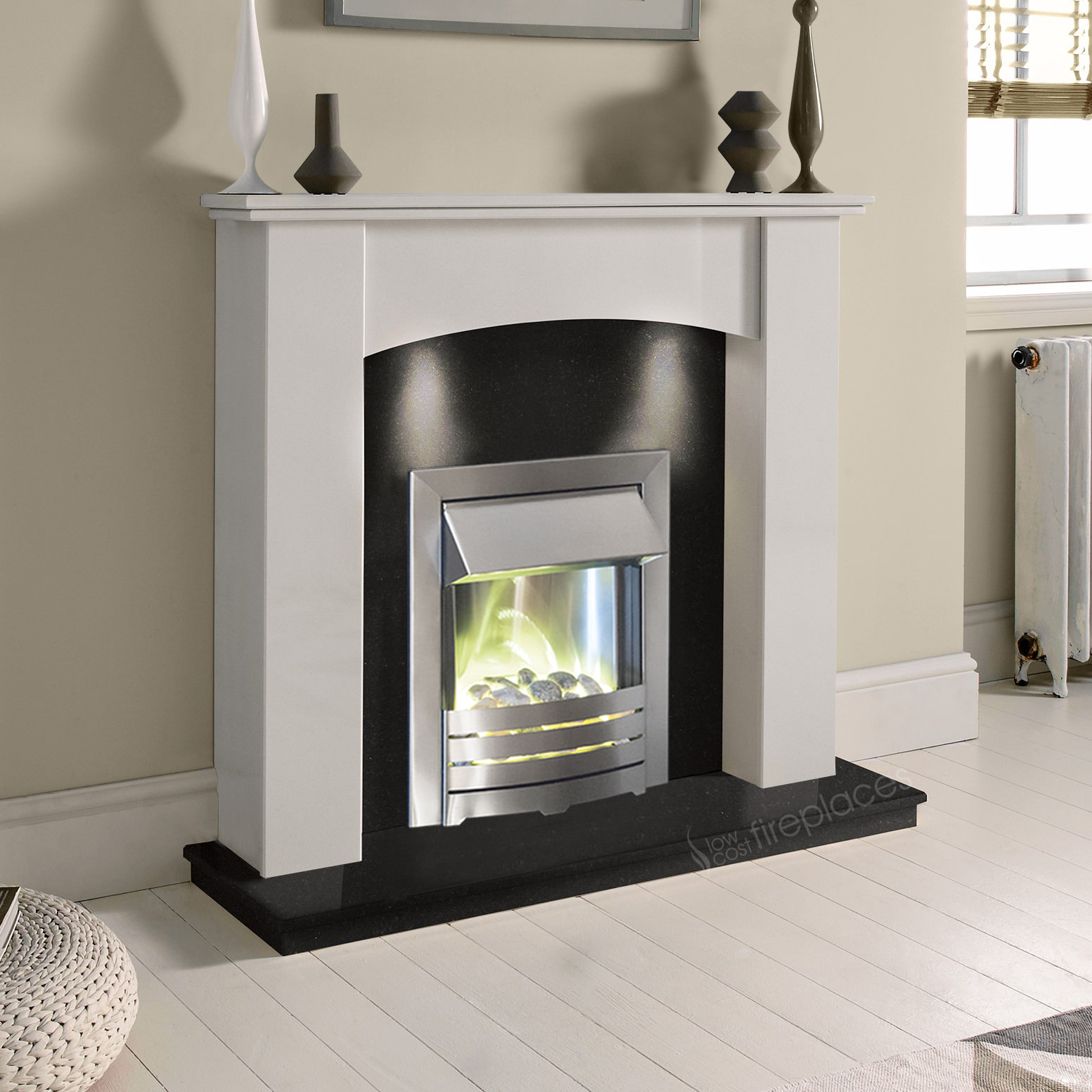 WHITE MARBLE CURVED SURROUND GRANITE SILVER ELECTRIC FIRE FIREPLACE