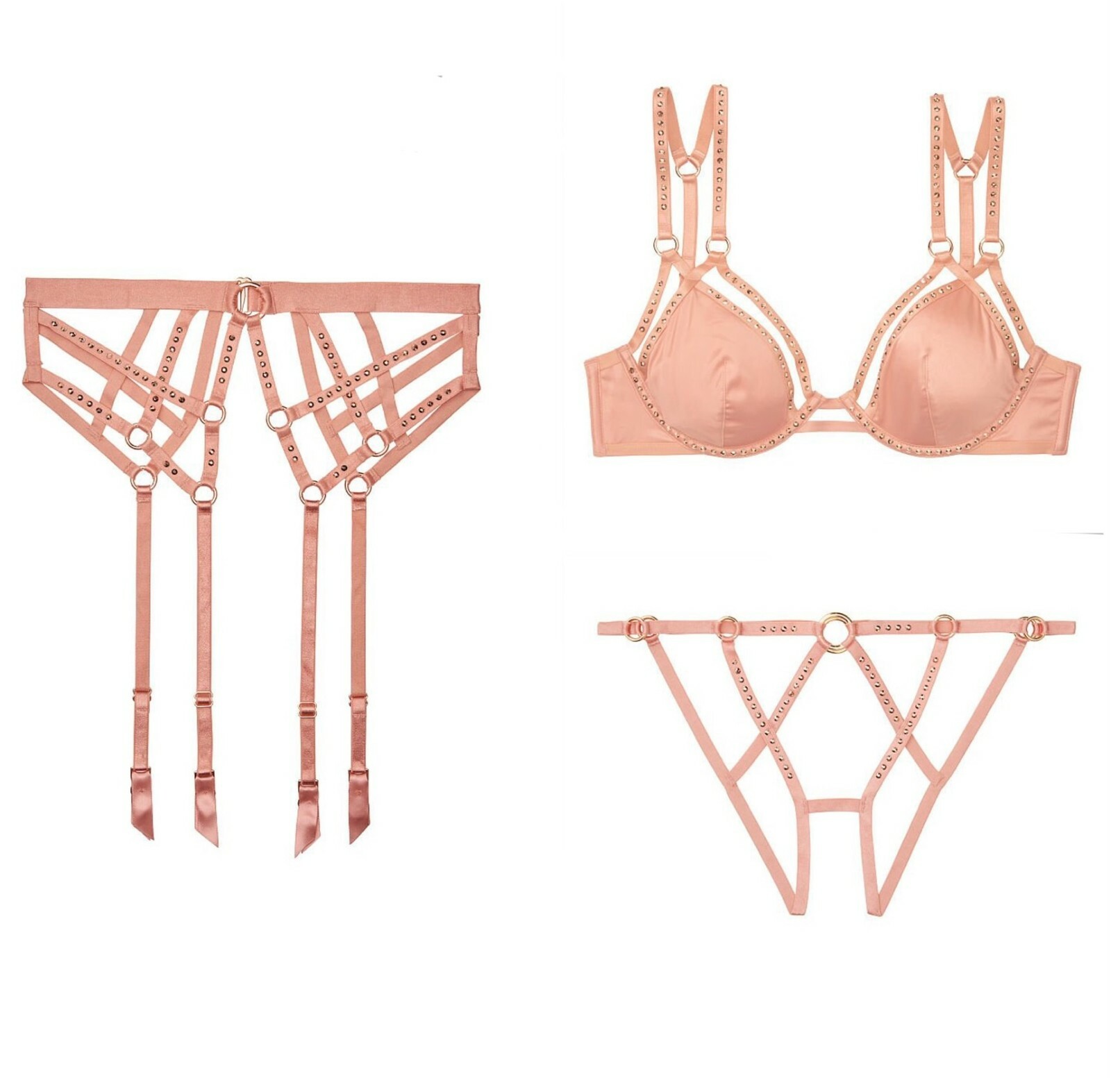 

Victorias Secret Swarovski Strappy 3 предмета Бюстгальтер+Чикини с вырезом+Подвязки, Copper blush