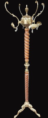 Vintage ITALY Cast Brass Barley Twist Wood Coat Hat Rack Hall Tree 67.5'' SPINS! 