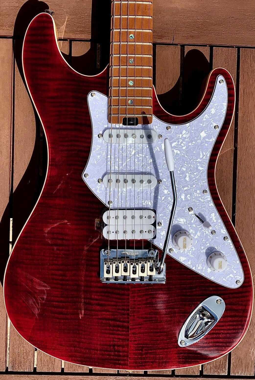 Aria Pro II 714-MK2 FULLERTON Ruby Red Flame Top HSS Guitar Aria Pro II 714-MK2 FULLERTON Ruby Red Flame Top HSS Guitar