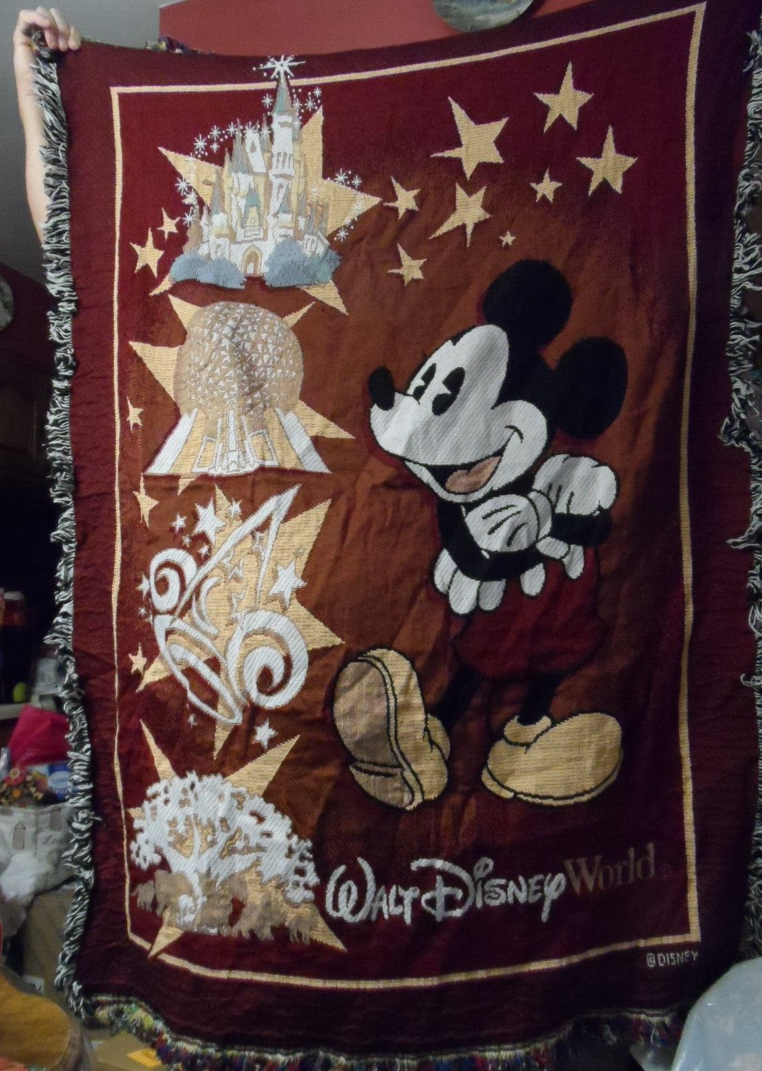 ミッキー　ミニー　Tapestry Woven Throw Vintage 50\u0027 X 58\u0027 90\u0027s Walt Disney World Mickey Minnie Mouse Knit