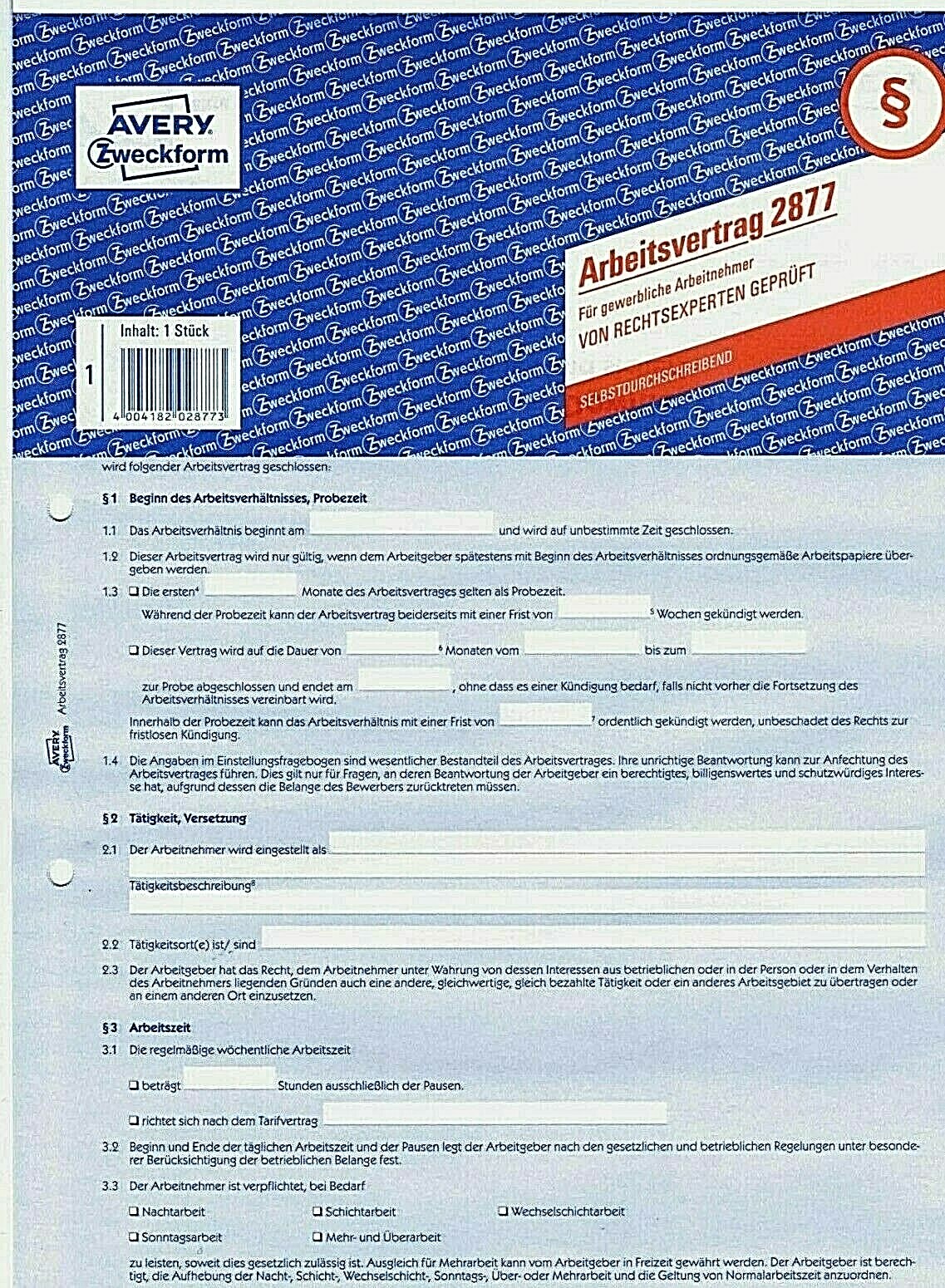 Avery Zweckform Arbeitsvertrag 2877 f. gewerbliche Arbeitnehmer §