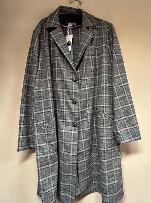 New Evy's Tree The Caroline Womens Plaid Trench Coat XL Black Long Sleeve Pocket