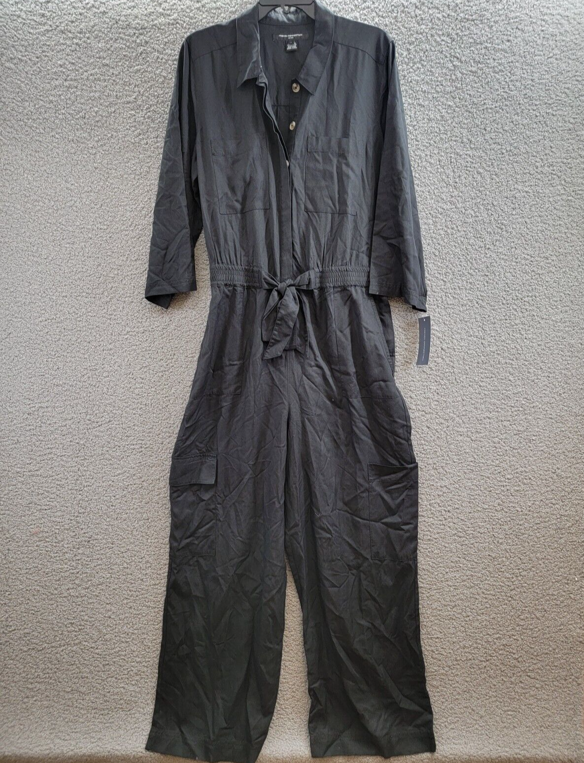 French Connection Elkie Button-Down Cargo Jumpsuit Women's L Black Collared - Picture 2 of 21
