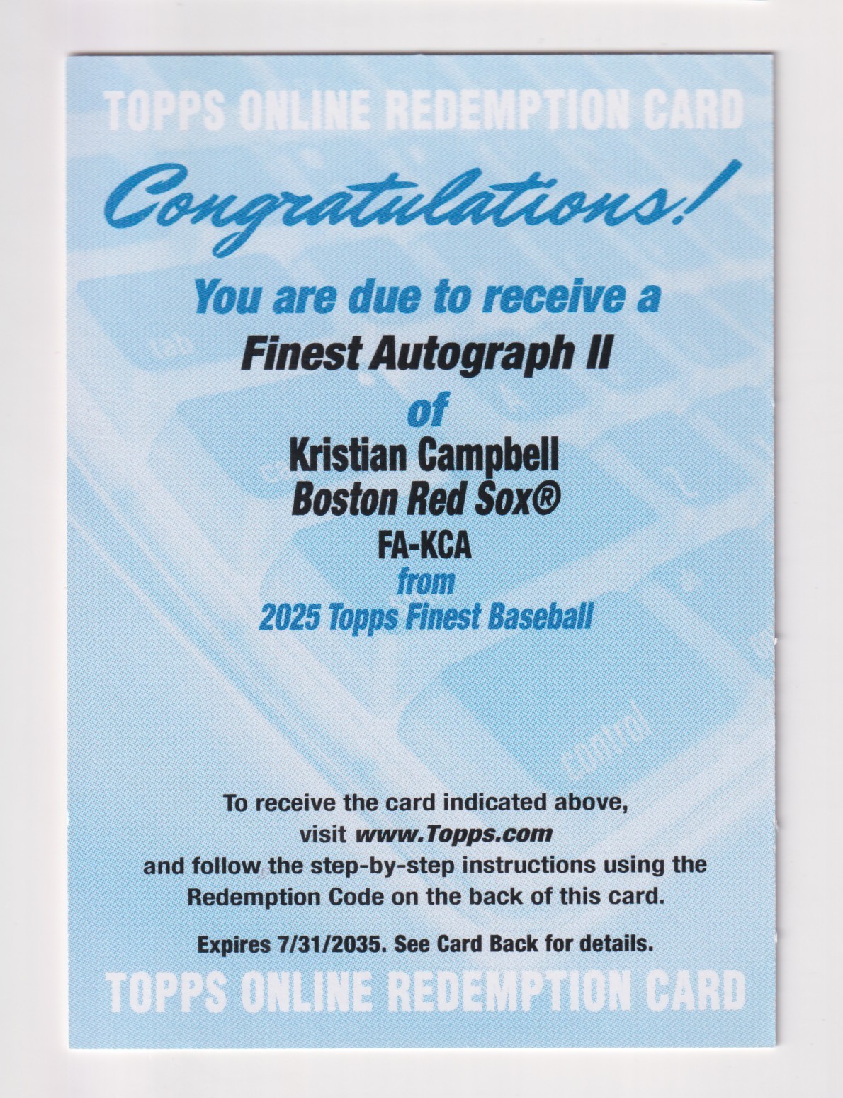 2025 Topps Finest AUTOGRAPH II REDEMPTION #FA-KCA KRISTIAN
