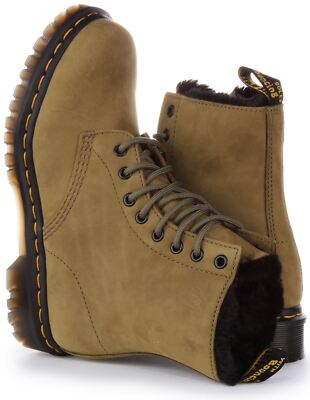 Pre-owned Dr. Martens Dr Martens 1460 Serena Fur Lined Leather Ankle Womens Boots Olive Green Us 4 - 9 In Olivegreen