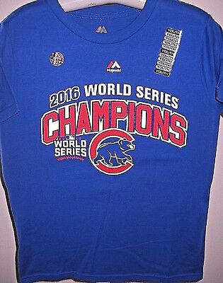 CHICAGO CUBS WORLD SERIES CHAMPION 2-SIDED T-SHIRT W/ UNIFORMS (YOUTH MED 10-12)