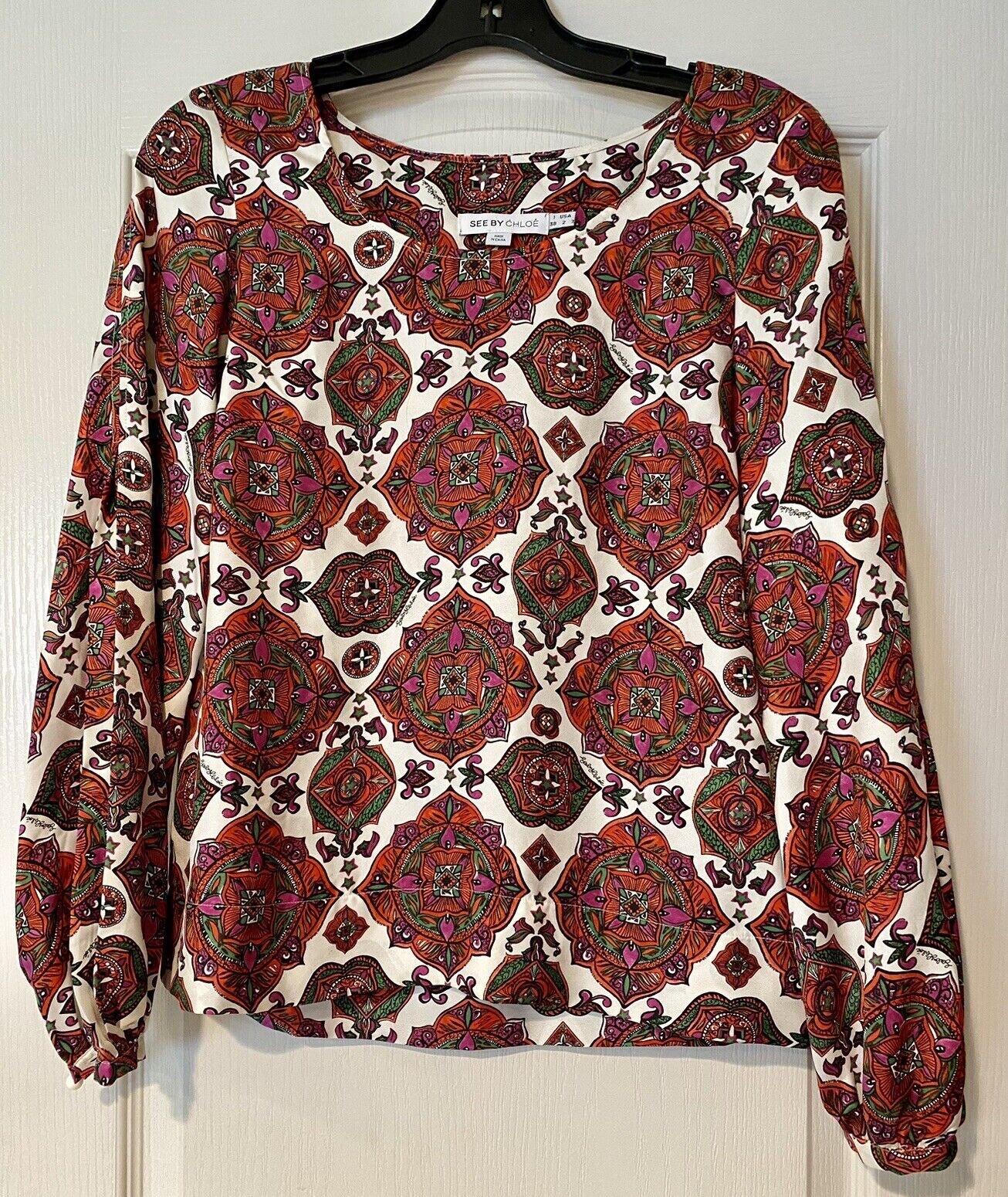 See by Chloe Womens 100% Silk Print Blouse Top Long Sleeve