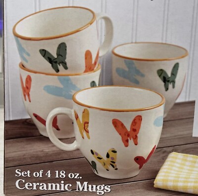 Set 4 MONARCH BUTTERFLIES HOME 18oz. Coffee Mugs NIB Dolly Parton Mug NEW Boxed