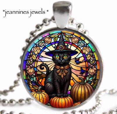 Black Cat Witch Necklace Halloween JEWELRY CAT ART PRINT Silver CHARM Pendant