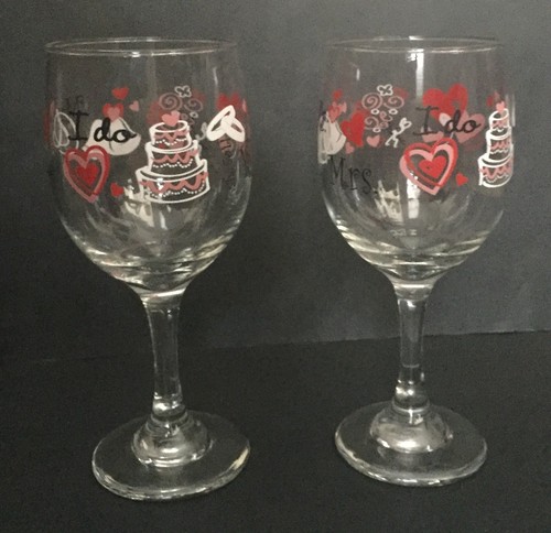 Mr. And Mrs. Wedding Wine Glasses Set Bells Hearts Flowers She Said Yes I Do