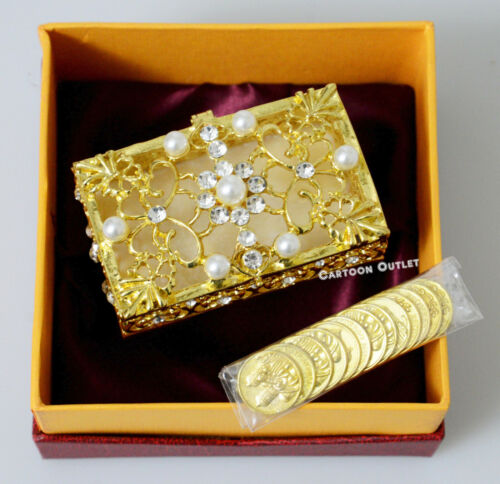 ARRAS DE BODA ORO GOLD WEDDING CEREMONY UNITY 13 COINS Box BRIDAL White Pearls