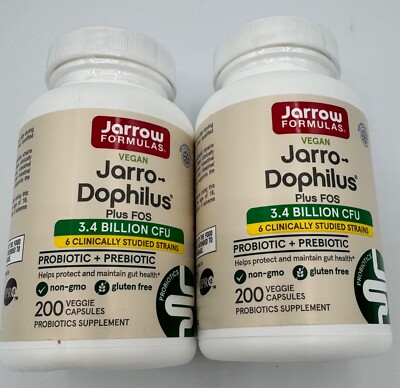 Jarrow Formulas Vegan Jarro-Dophilus Plus Fos 3.4 Billion Cfu 200 Caps X2!!