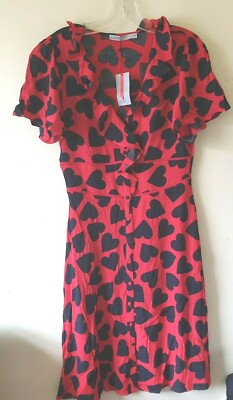 Oasis Red Navy Hearts Dress Sz 8 L Tea Dress Landgirl 40s