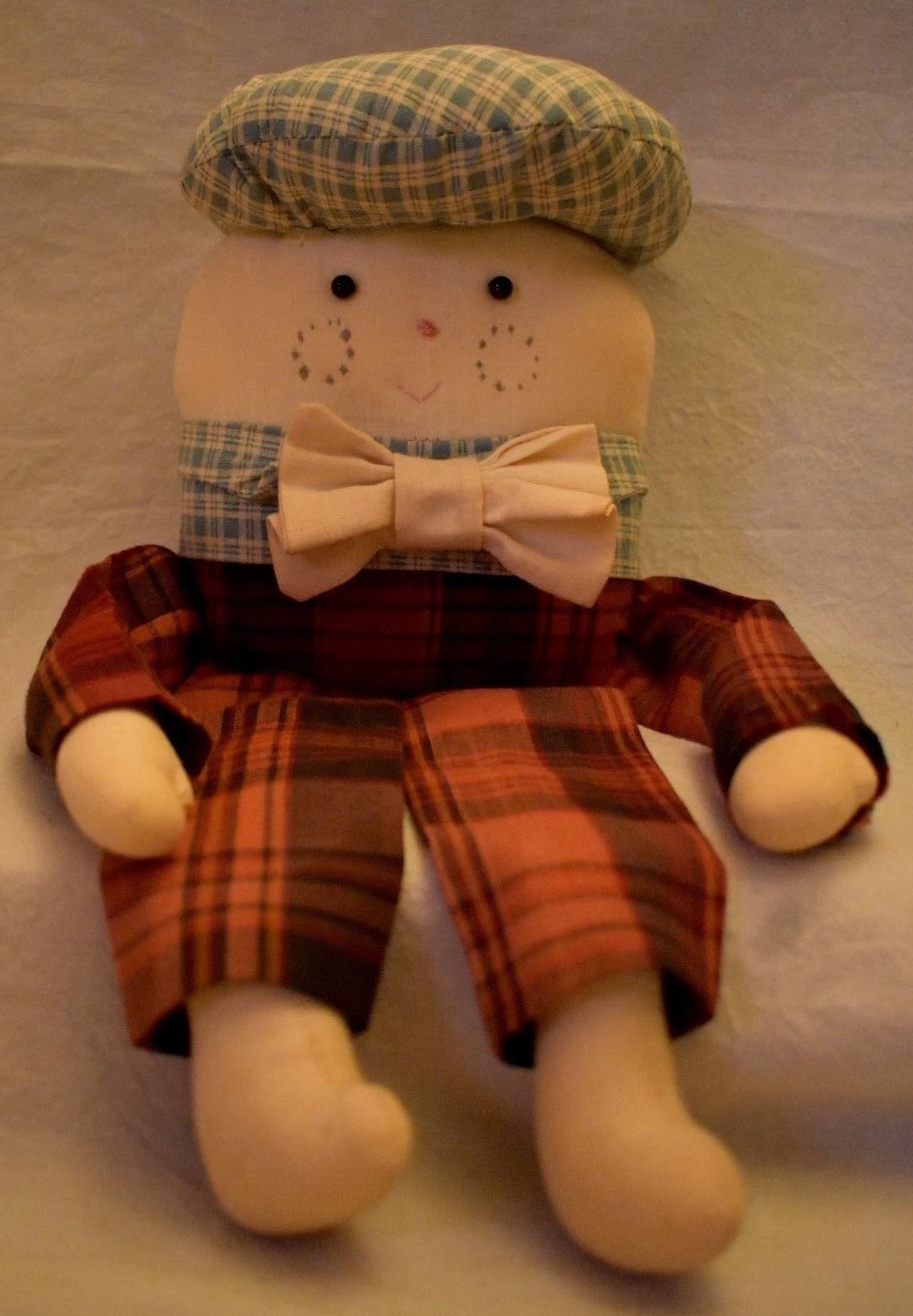 Humpty Dumpty Stuffed Doll Pillow Sit or Hang Plaid Bow Tie over 13 inches tall