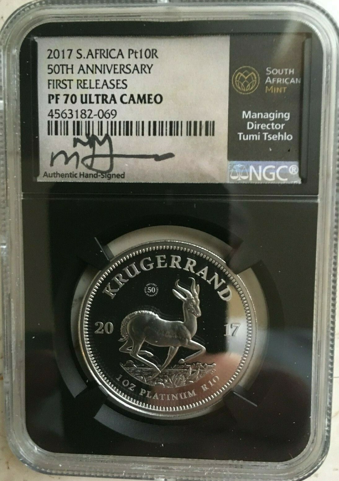 2017 S. AFRICA PLATINUM KRUGERRAND PF70 UC 50TH ANNIVERSARY
