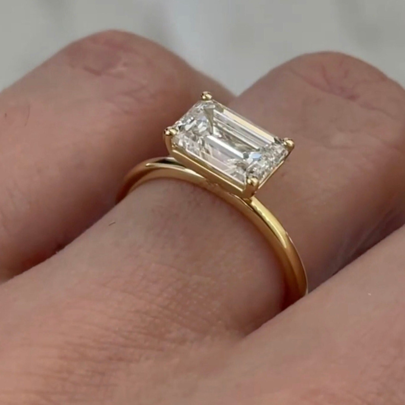 Pre-owned Sterling Four Claw Prong Rings 925 Silver, Emerald Cut East To West Engagement Ring, In Gold