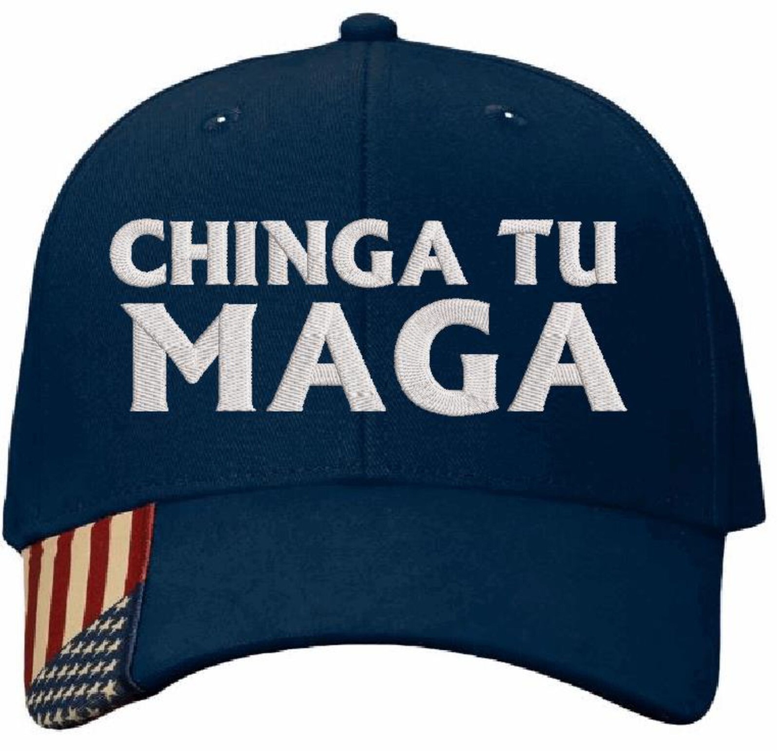 Chinga Tu MAGA Hat - Embroidered Navy Blue Adjustable Hat with USA Flag Brim