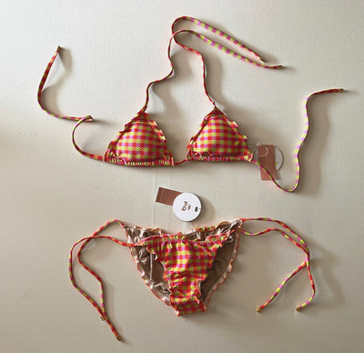 NEW PQ Swim Gingham Bikini Set Size S Triangle Top Lettuce Edge Tie Full Bottom
