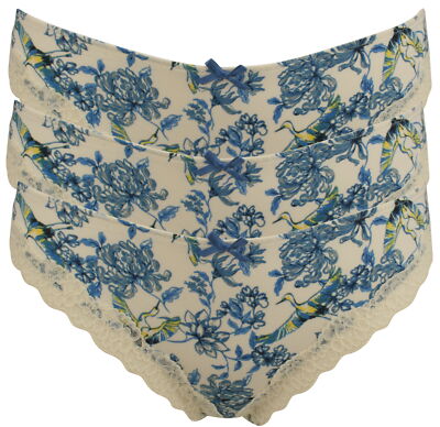 Ex-Store 3 Pack of Floral Print Lace Trimmed Thongs Ivory & Blue