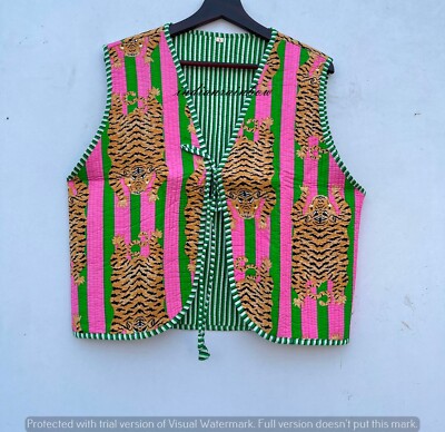 Handmade Cotton Quilted Jacket Tiger Printed Reversible Open Front Dori Vest