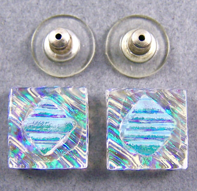 DICHROIC GLASS EARRINGS Post 1/2'' 12mm Clear Emerald Green Blue Ripple Square