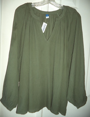 Old Navy Olive Pine Lt Wgt Crinkle Cloth Split V Peasant Blouse XL 18 20 1X XL
