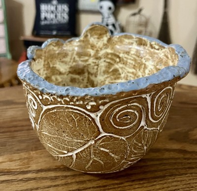 Studio Art Pottery Bowl Planter - Artist Signed Hand Crafted Hand Thrown Carved