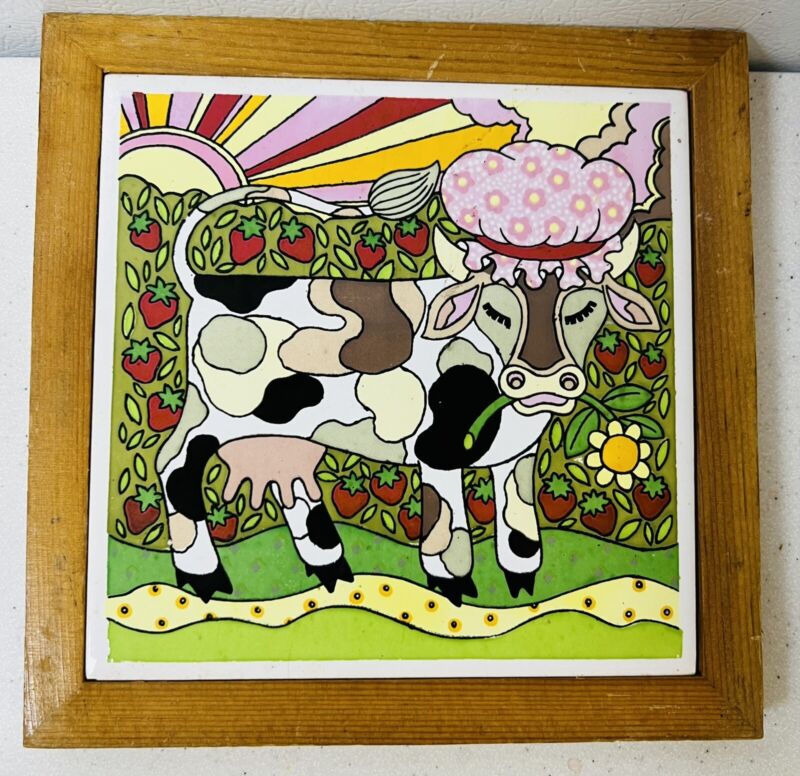 Gailstyn Sutton Framed Trivet Tile Cow in Strawberry Field 7”