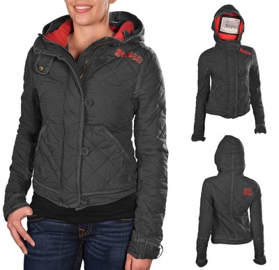 

Женская легкая стеганая куртка с капюшоном на молнии Superdry Mini, черная, маленький размер, Dark gray