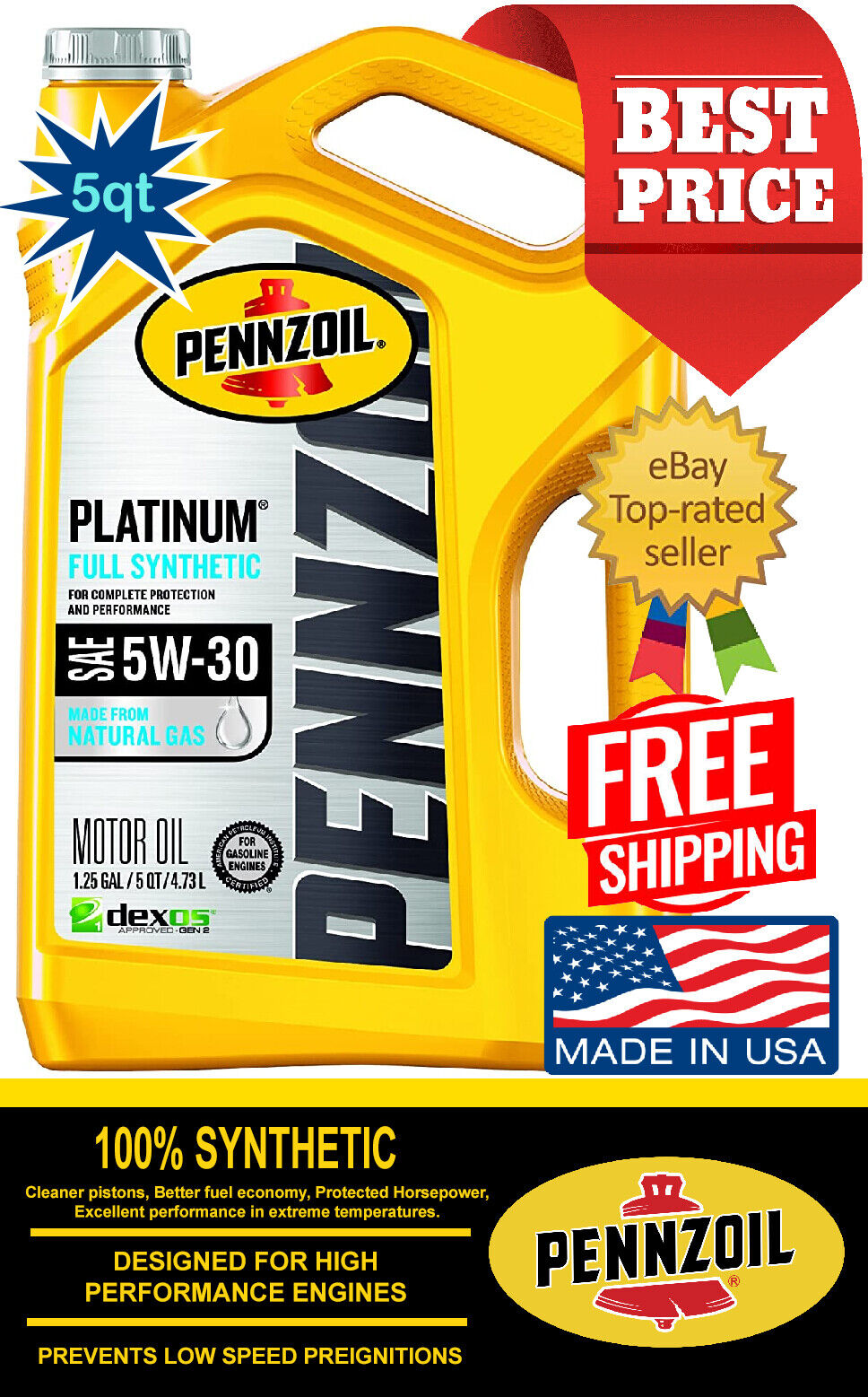 Pennzoil Platinum 5W-30 Full Synthetic Motor Oil, 5 Quart, 5w30 Oil, Free Ship!