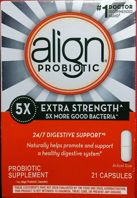 ALIGN PROBIOTIC DIETARY SUPPLEMENT EXTRA STRENGTH 5X GOOD BACTERIA 21 CAPSULES!!