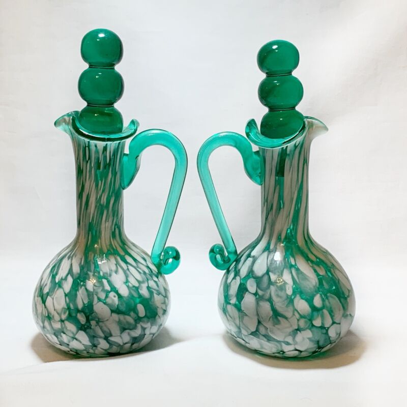 Vintage Hand Blown Rainbow Glass Co. Green White Cruets  2 with their Stoppers