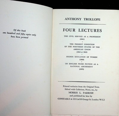 Maxwell L Parrish Anthony Trollope / Four Lectures Limited 1st Edition 1938