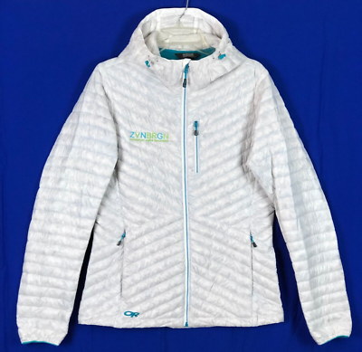 Outdoor Research Verismo Hooded Down Puffer Jacket White Teal CORP LOGO Womens L