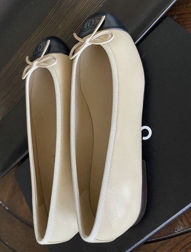 Pre-owned Chanel Beige Lambskin Cap Toe Ballerina Flats Choose Your Size In Black / Beige