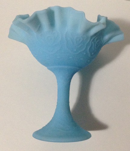 Fenton Blue Ruffled Satin Glass Footed Compote Persian Medallion Pattern