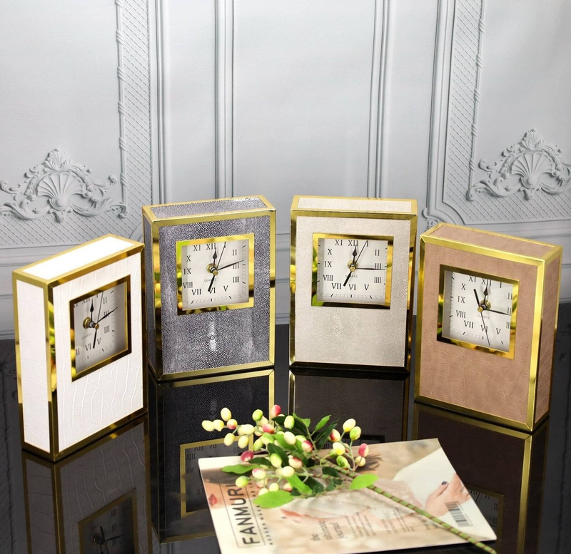 Gold Table Clock,Shagreen Leather Mantel Clock for Fireplace,Larg
