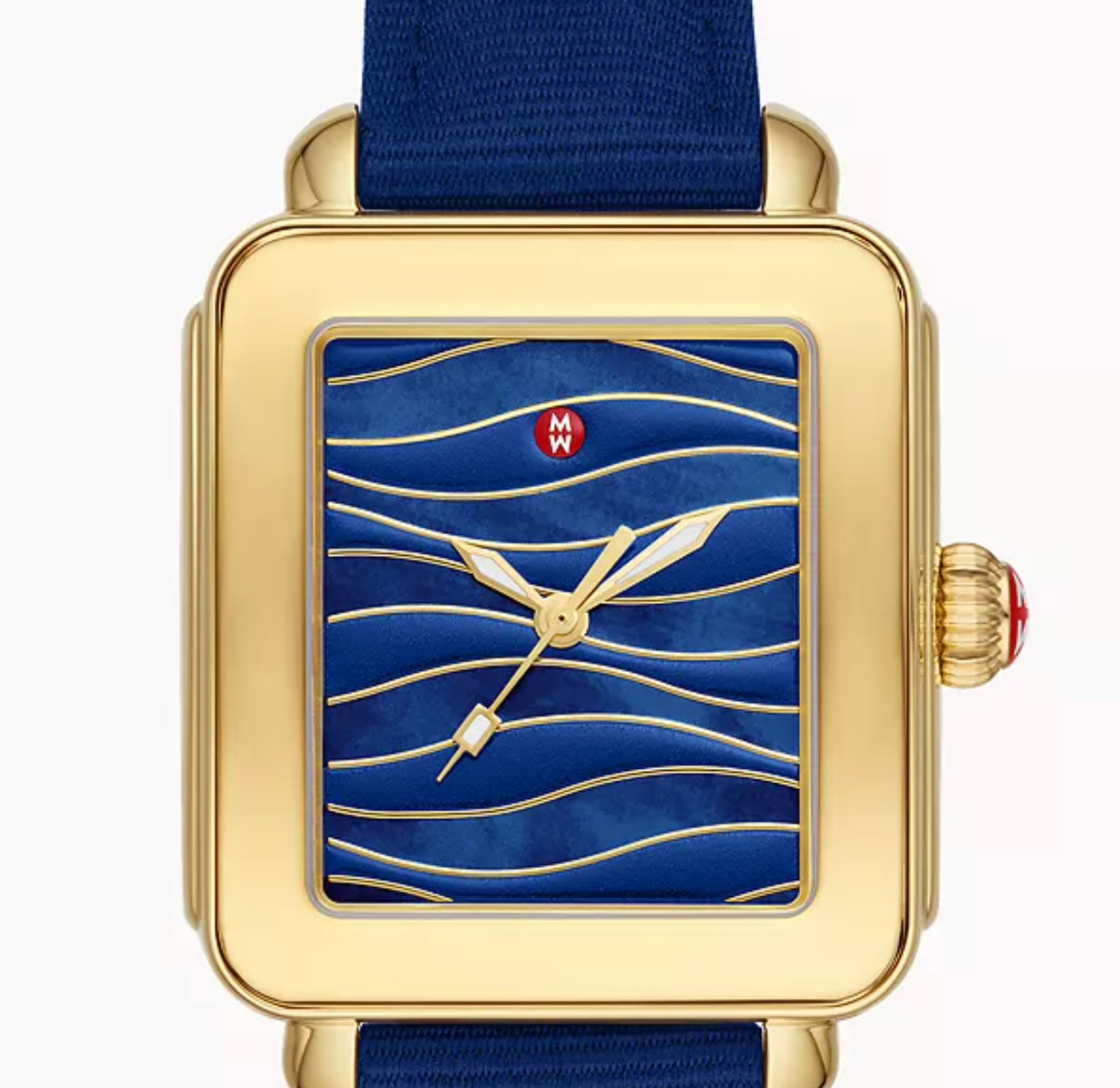 Pre-owned Michele In Box  Deco Sport Gold Mother Of Pearl Dial Blue Strap Watch