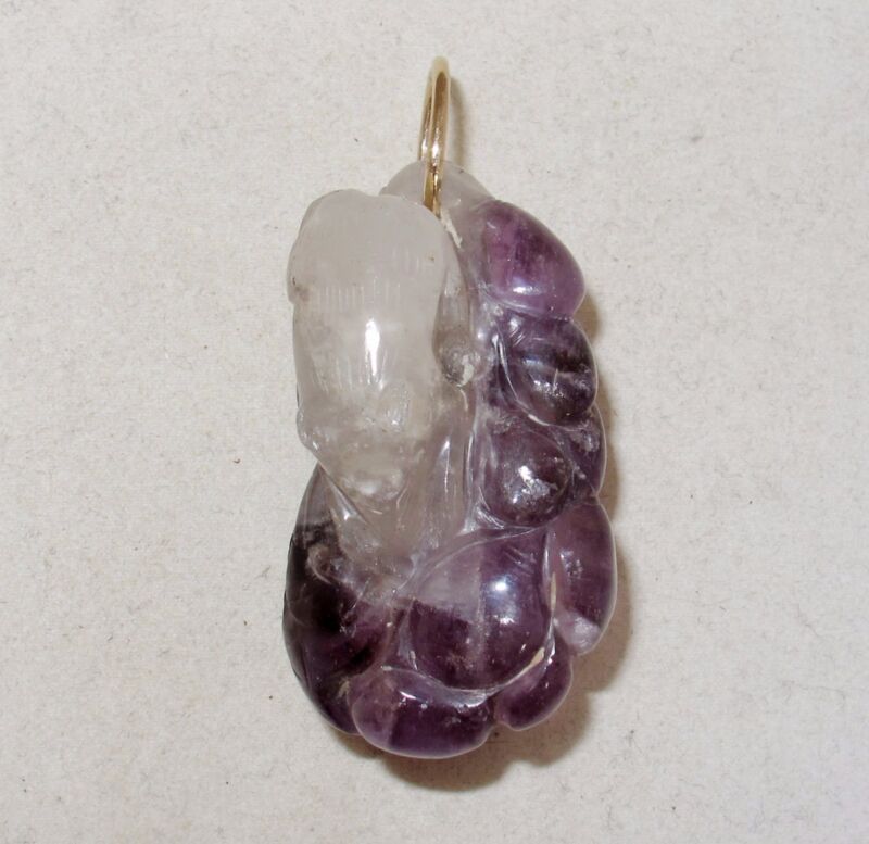 2.45" Old Chinese Carved Purple Amethyst Pendant With Mouse With 14k Gold  (45g)