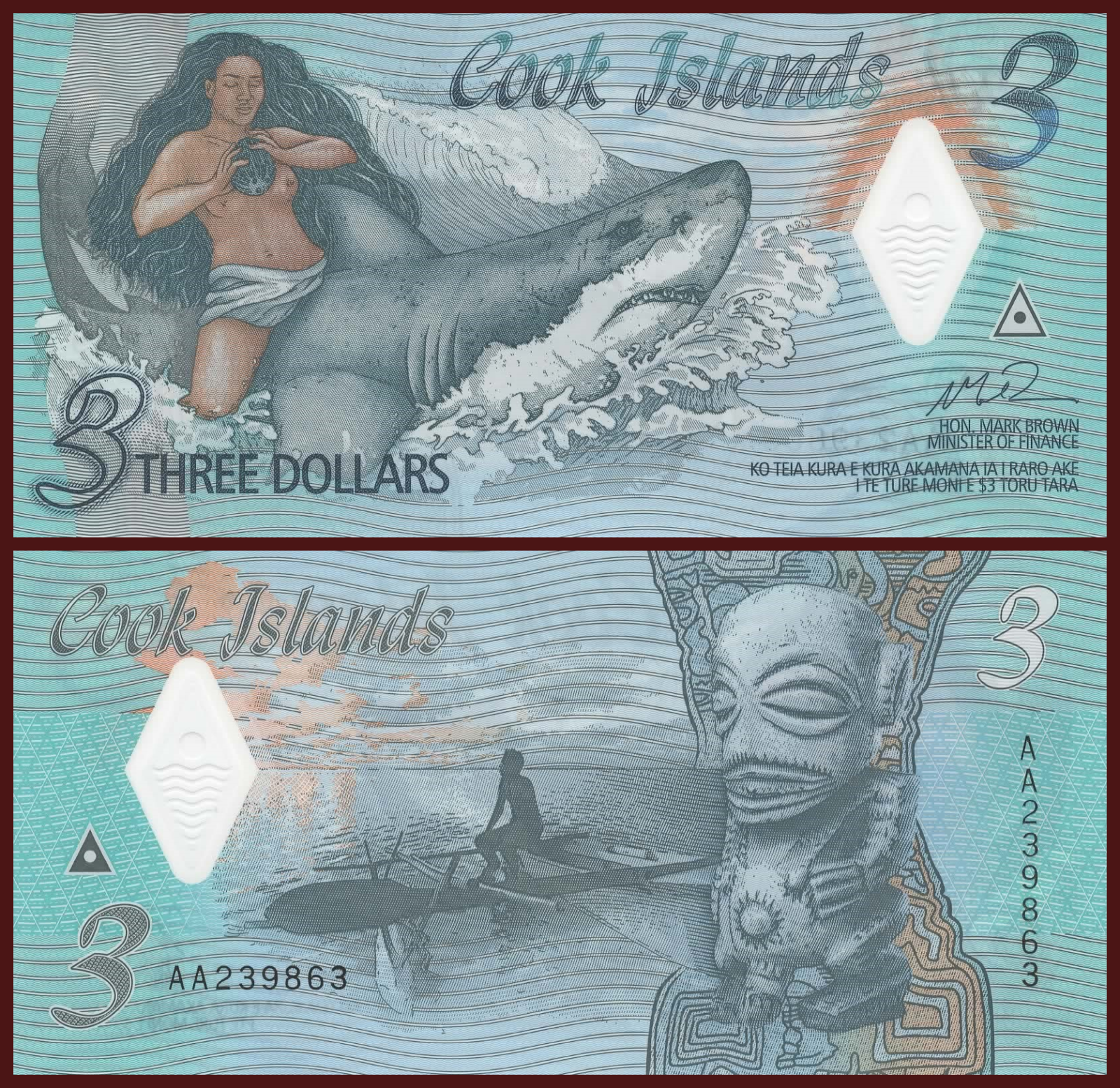 Cook Islands 3 Dollars 2021 P-11 Polymer Banknote Shark Lady