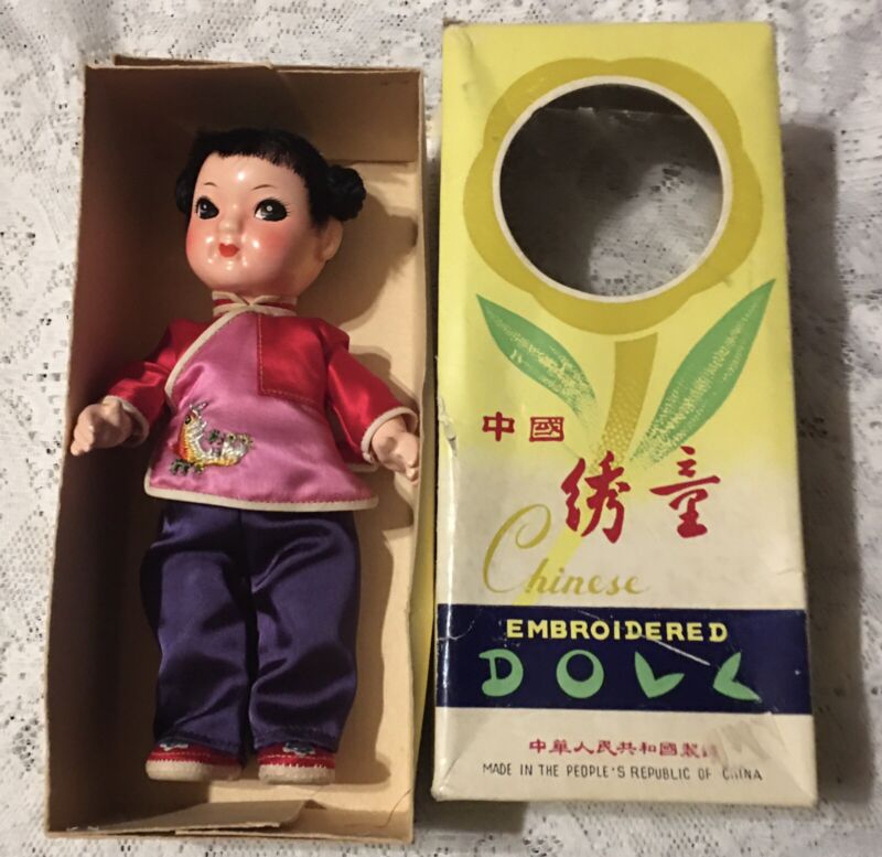 CHINESE EMBROIDERED DOLL HARD PLASTIC MADE IN PEOPLES REPUBLIC OF CHINA W/ BOX 