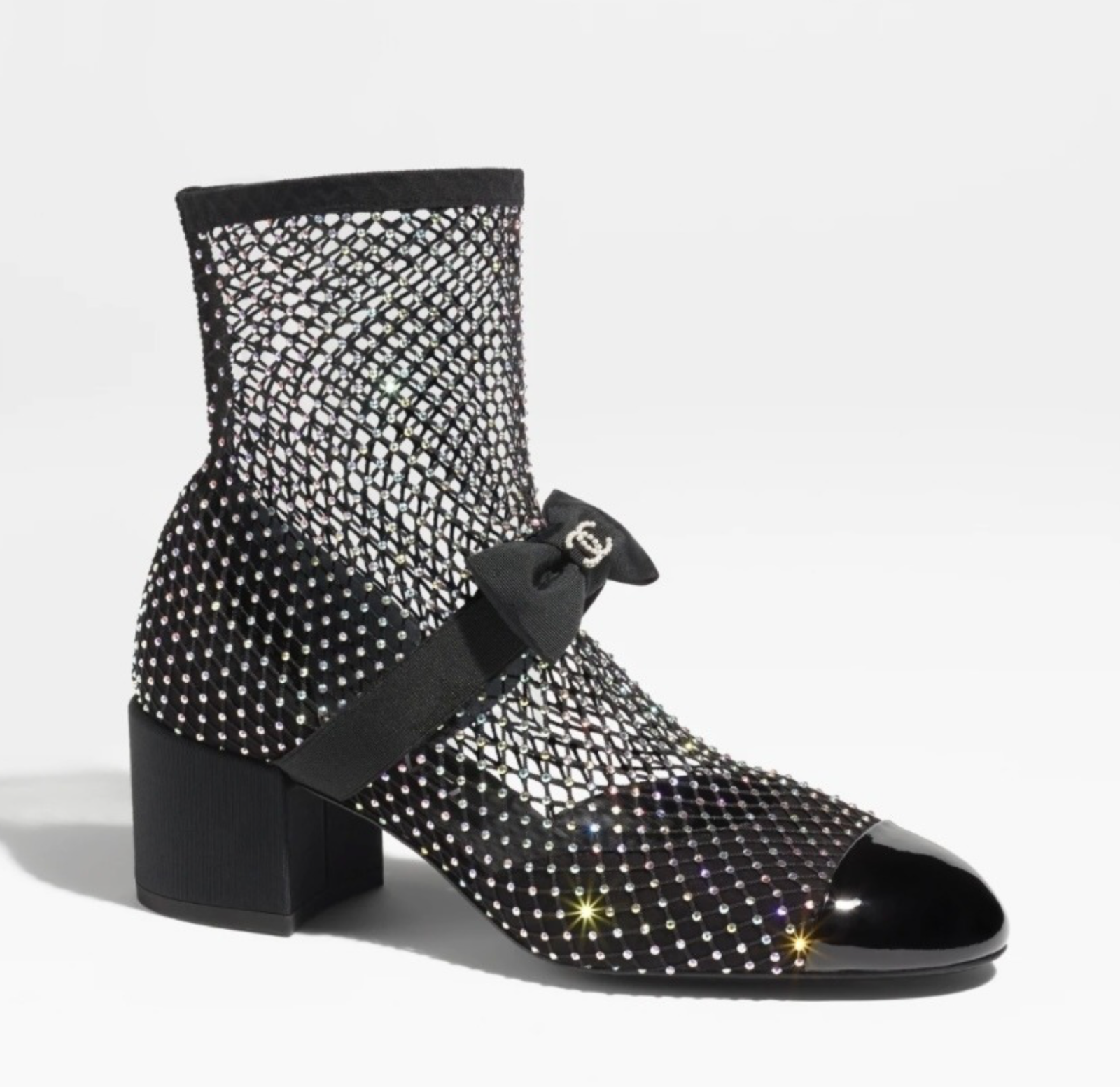Chanel 23S Black Mesh Crystal Sock Boot CC Logo Mary Jane